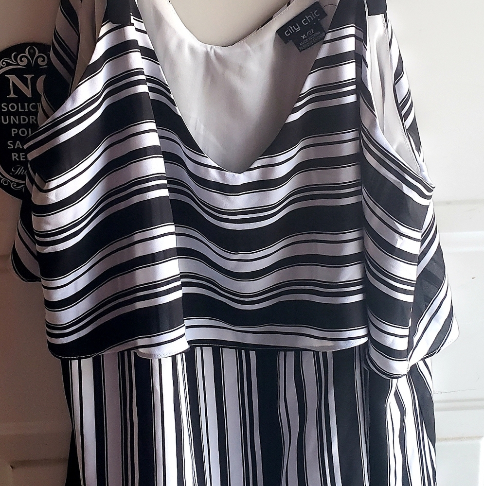 City Chic Tank Top, Black & White Stripes, Size XL/22